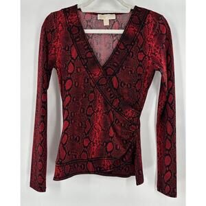 Michael Kors Wrap Top Blouse Shirt Sz XS V Neck Animal Print Red Office …